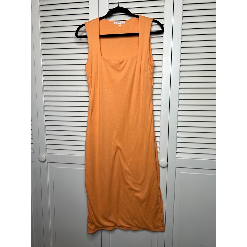 Antistar Ribbed Bodycon Midi Dress Womens L Orange Sleeveless Square Neck